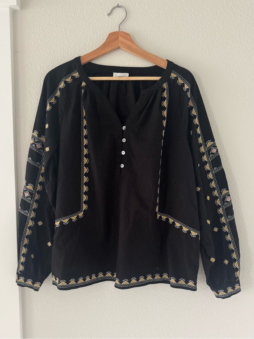 J. Jill Pure Jill Elements Black Embroidered Boho Peasant Blouse Top Large